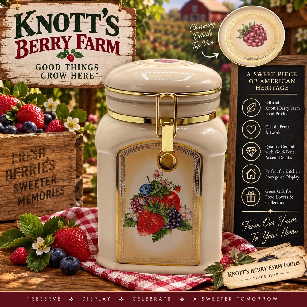 Knotts Berry Farm Ceramic Kitchen Canister Gold Latch Fruit Berry Cream Jar